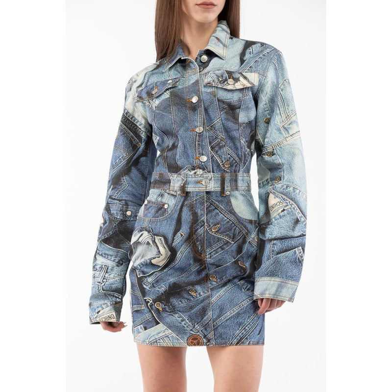 Blue cotton casual shirt dress featuring a multi-toned denim print with buttons and a belted waist