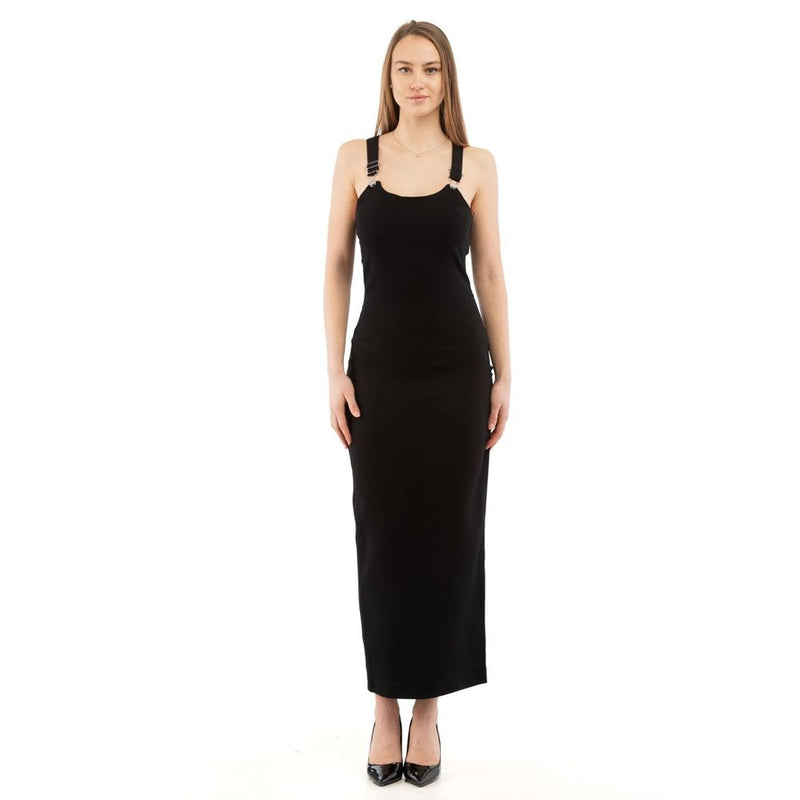 Black sleeveless maxi dress with scoop neck and thick strap details worn by a model