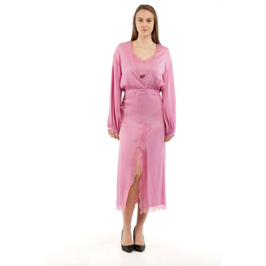 Pink satin midi dress with long sleeves, v-neckline, and lace trim detailing down the front slit