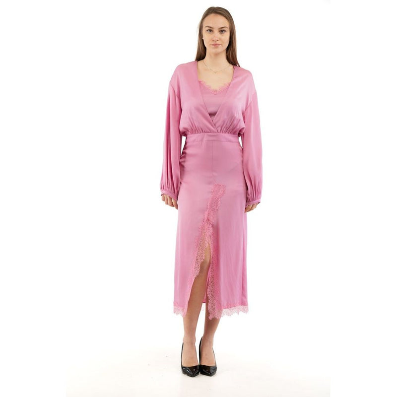 Pink satin midi dress with long sleeves, v-neckline, and lace trim detailing down the front slit
