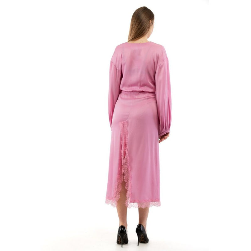 Pink silk casual dress with long sleeves and lace hem details seen from behind