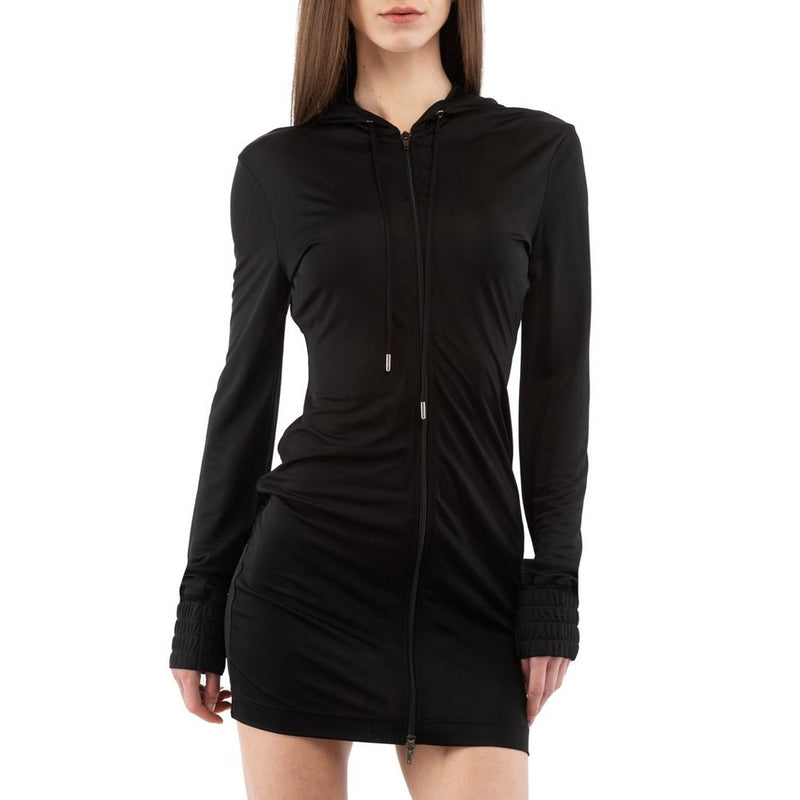 Black viscose casual zip-up hooded mini dress with long sleeves