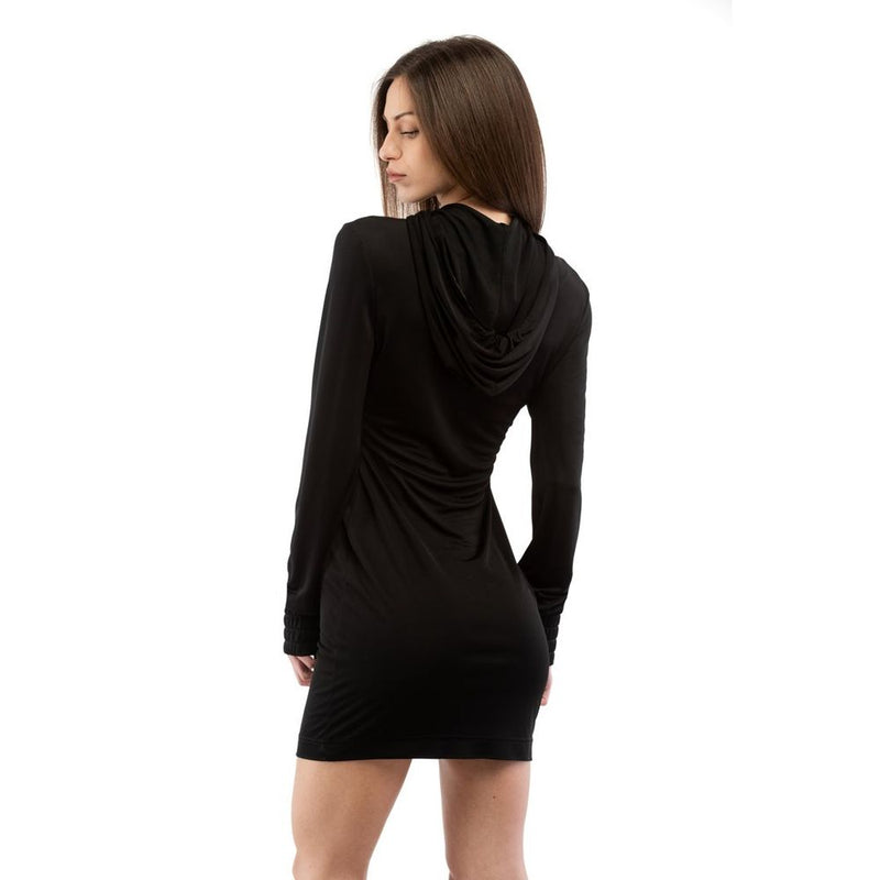 Black viscose casual hoodie dress worn by a woman, back view