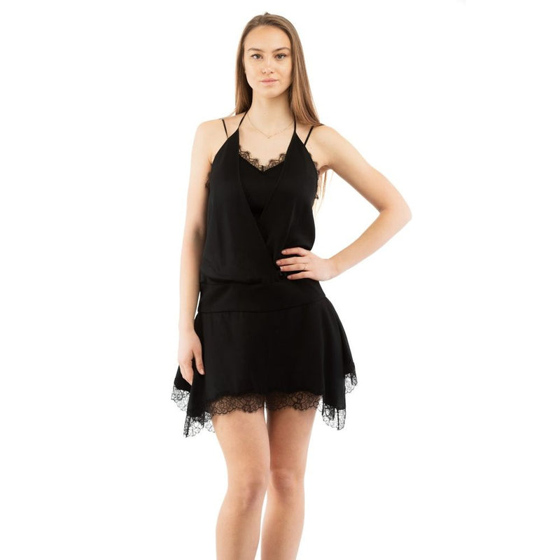 Black silk casual dress with delicate lace trim on the V-neckline and hem