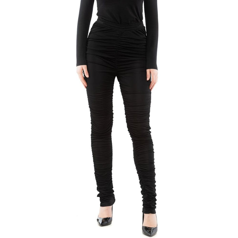 Black viscose casual pants with all-over ruching and a slim, fitted silhouette