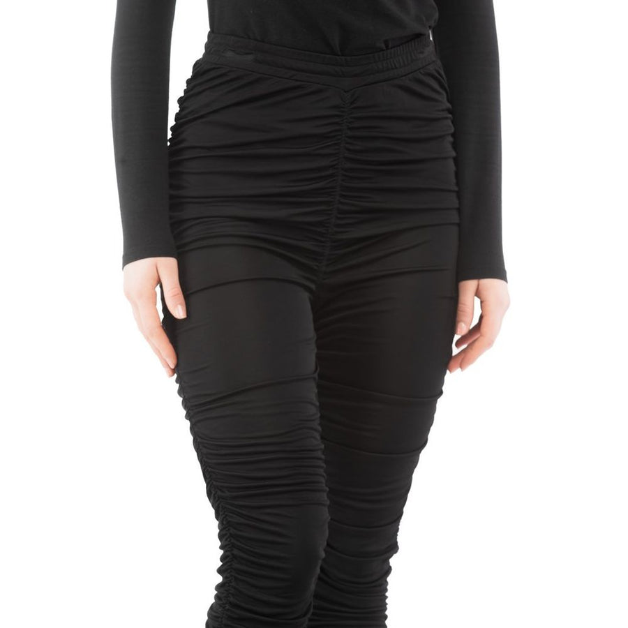 Black viscose casual pants with all-over ruching and a slim, fitted silhouette