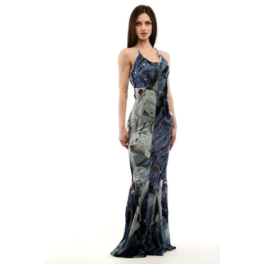 Model wearing a blue denim-print viscose casual maxi dress with halter neckline