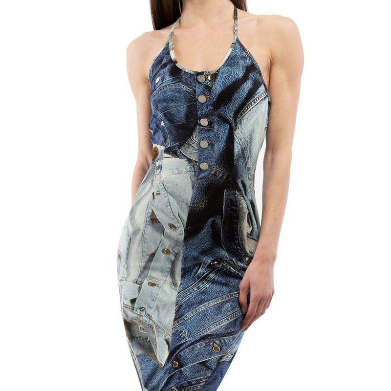 Multicolor viscose casual halter dress with faux denim print