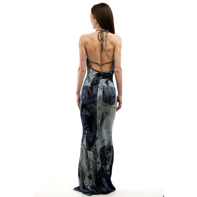 Multicolor denim-print viscose halter maxi dress
