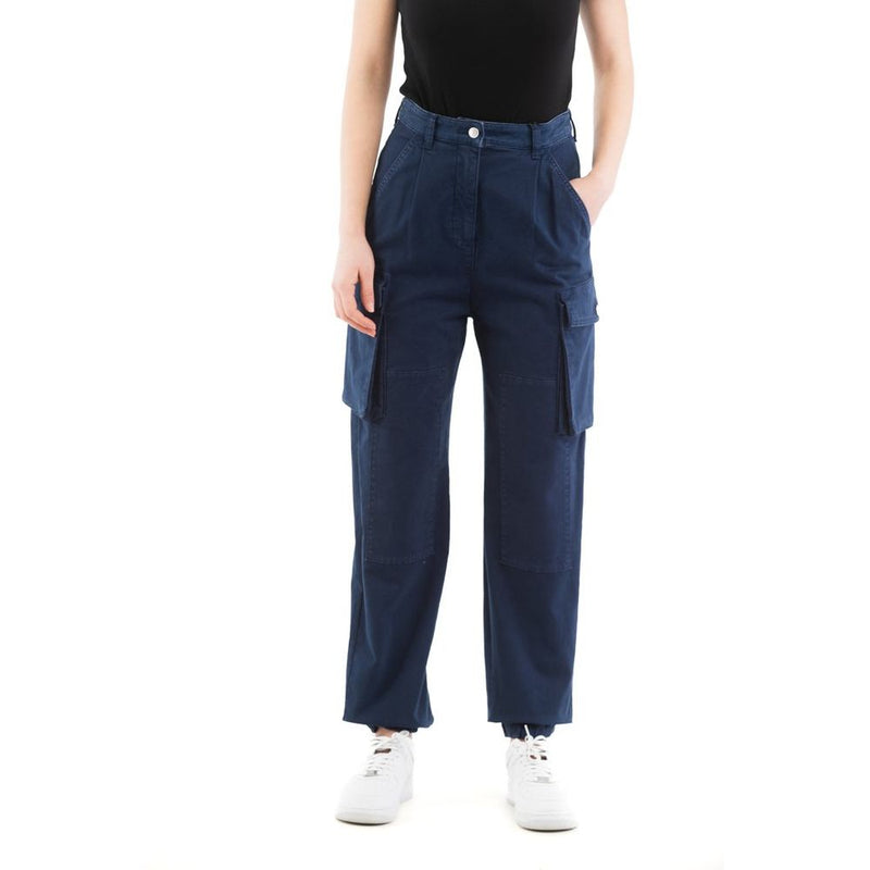 Blue cotton cargo pants with side pockets and cinched cuffs worn on a person