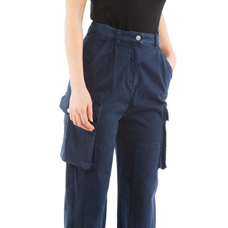 Moschino blue cotton cargo pants with high waist and side pockets worn by a person