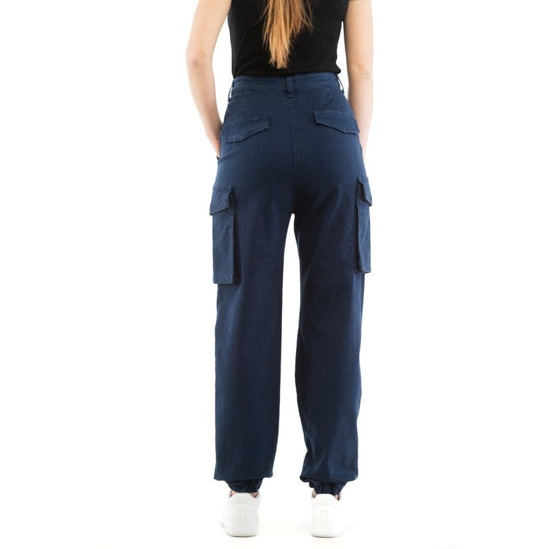 Moschino blue cotton cargo pants worn by a model, viewed from the back