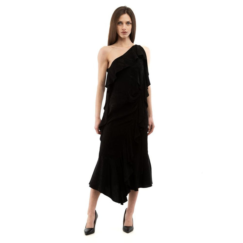 Black viscose one-shoulder cocktail dress with ruffled trim and asymmetric hem