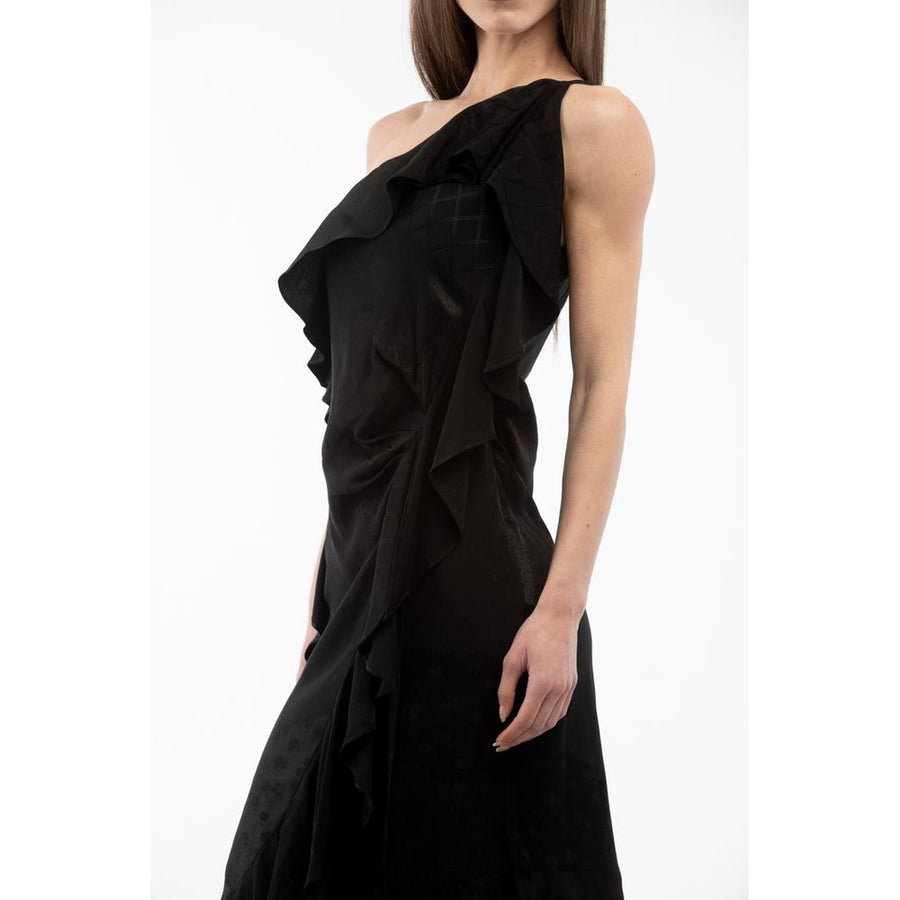 Black viscose one-shoulder cocktail dress with ruffled trim and asymmetric hem