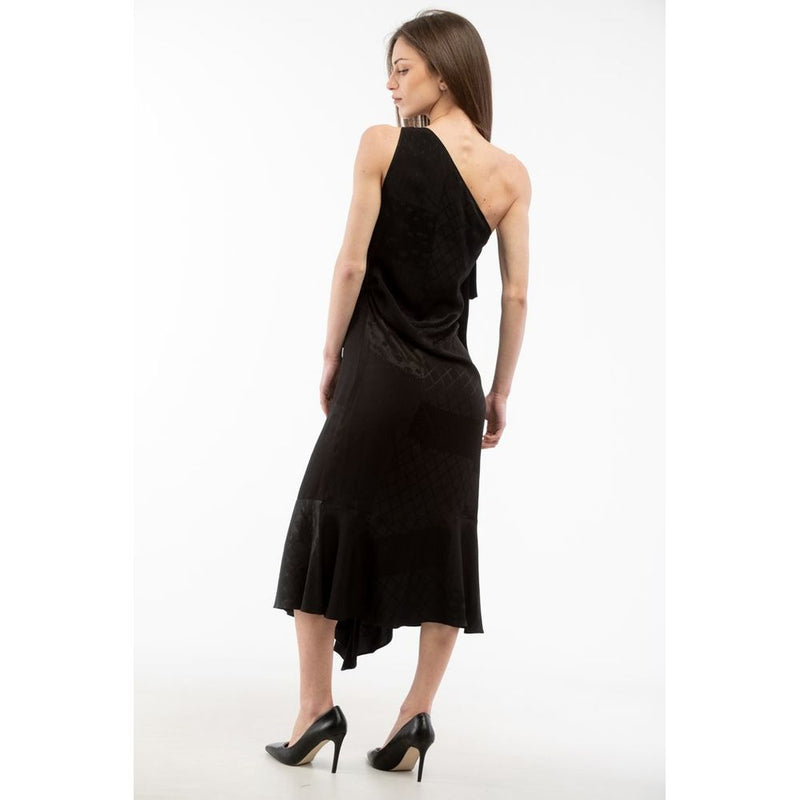 Black viscose one-shoulder midi cocktail dress with subtle geometric pattern and asymmetric ruffled hem