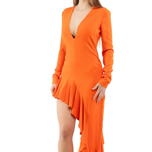 Bright orange long-sleeve dress with deep v-neck and asymmetrical ruffled high-low hem