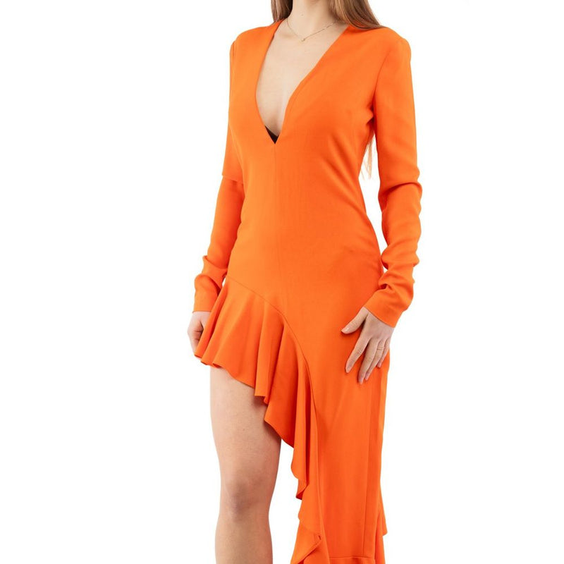 Bright orange long-sleeve dress with deep v-neck and asymmetrical ruffled high-low hem