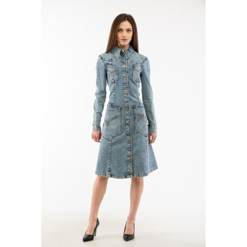 Blue cotton denim casual shirt dress with long sleeves, button-front, and front pockets
