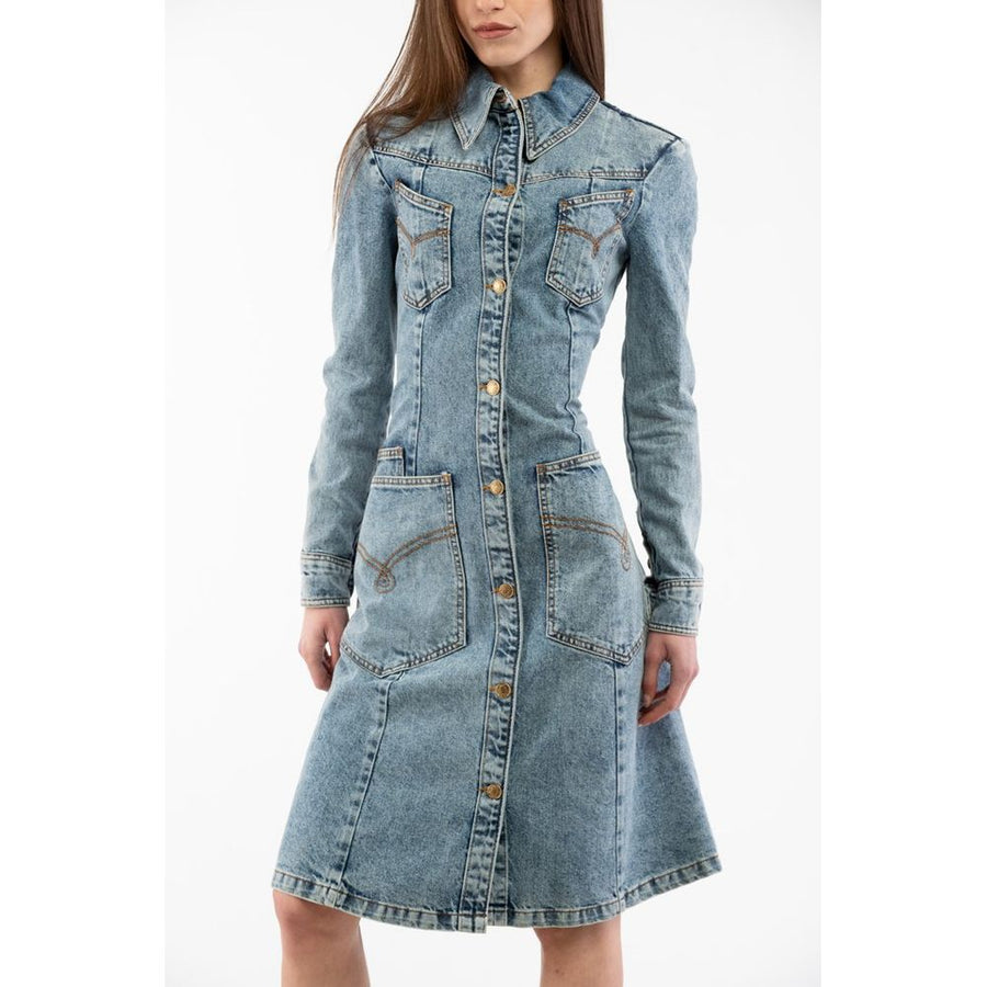 Blue cotton denim casual shirt dress with long sleeves, button-front, and front pockets