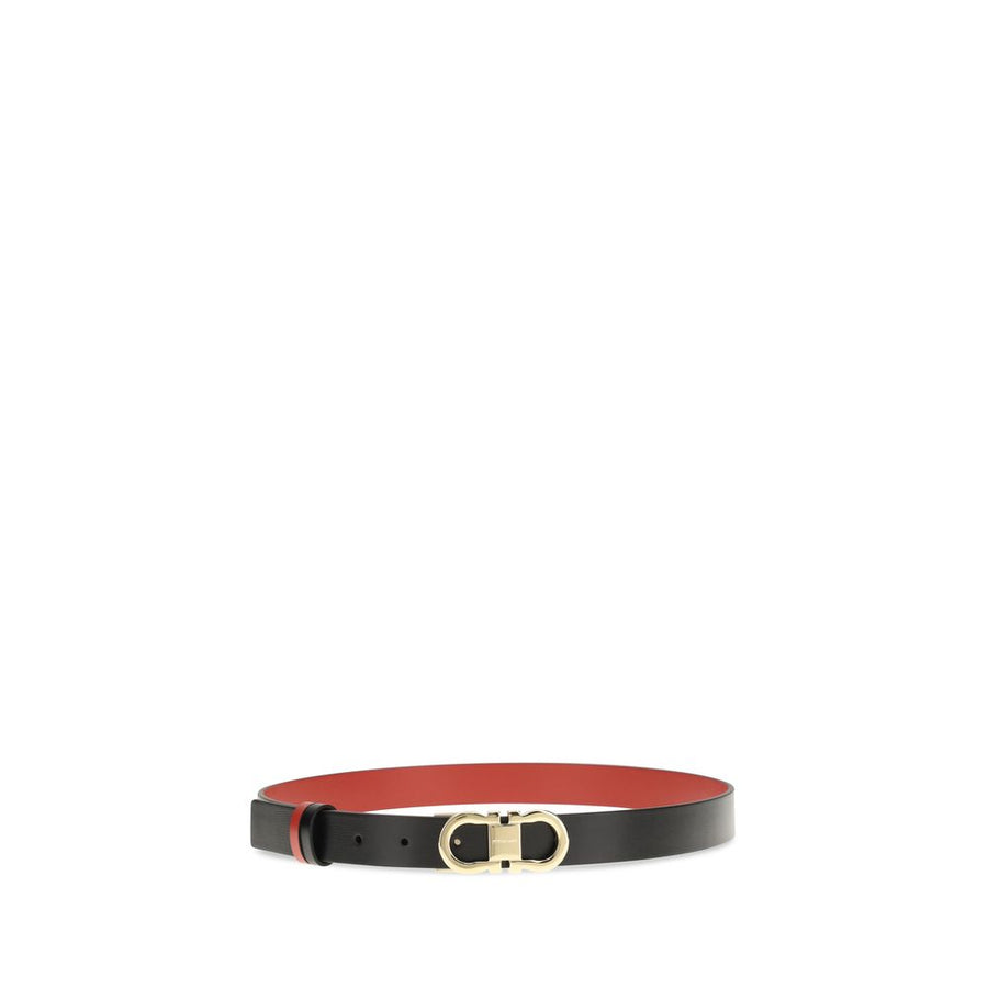 Black leather regular belt with gold buckle and red lining