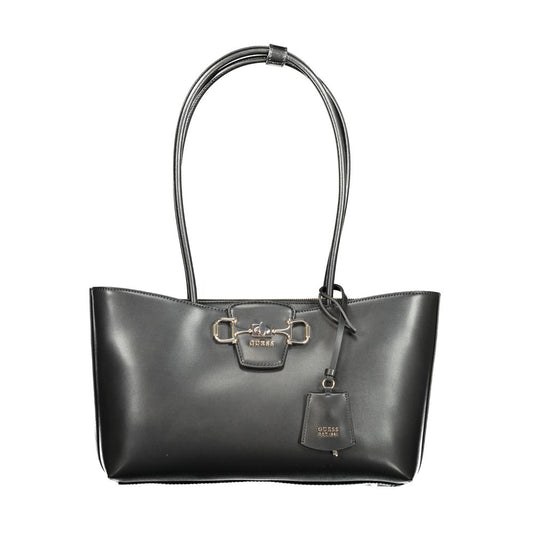 Black polyurethane Guess women's handbag with long shoulder straps and gold-tone horsebit hardware