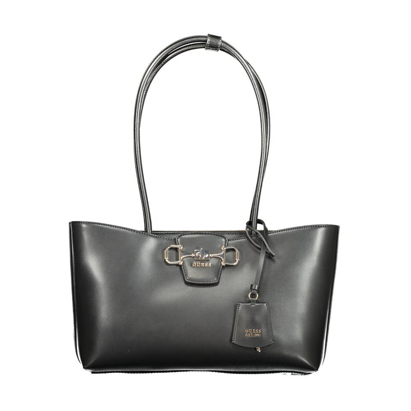 Black polyurethane Guess women's handbag with long shoulder straps and gold-tone horsebit hardware