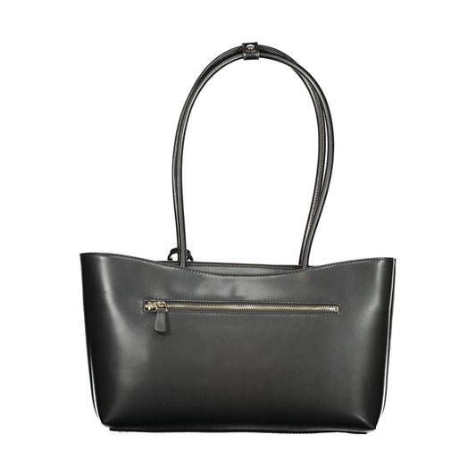 Black polyurethane women's handbag with dual shoulder straps and a zippered exterior pocket