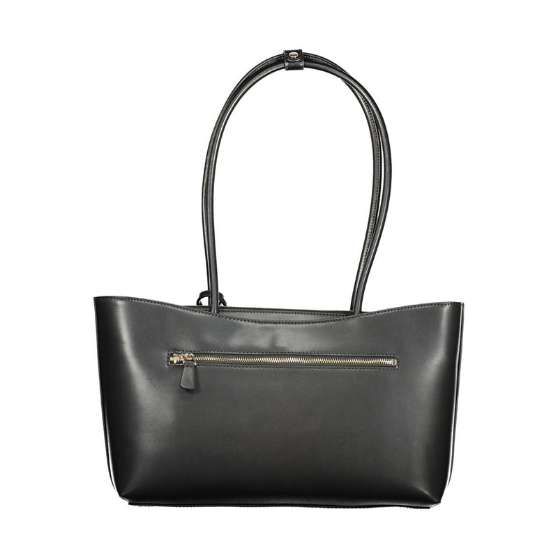 Black polyurethane women's handbag with dual shoulder straps and a zippered exterior pocket