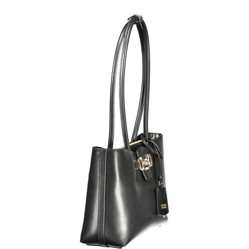 Black polyurethane Guess women's handbag with long shoulder straps and gold hardware