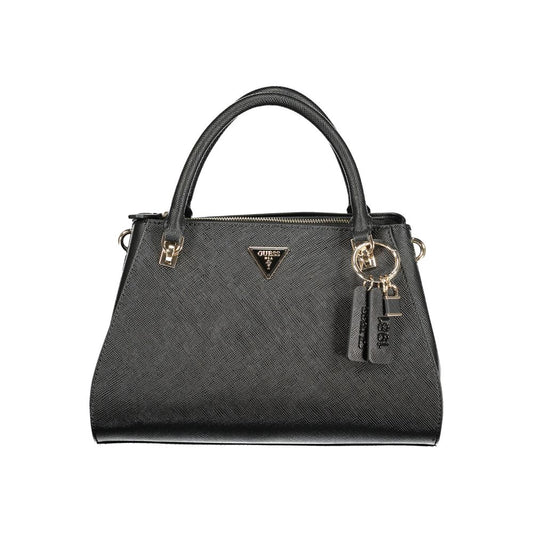Black polyurethane structured handbag with twin top handles, gold hardware, and logo charm