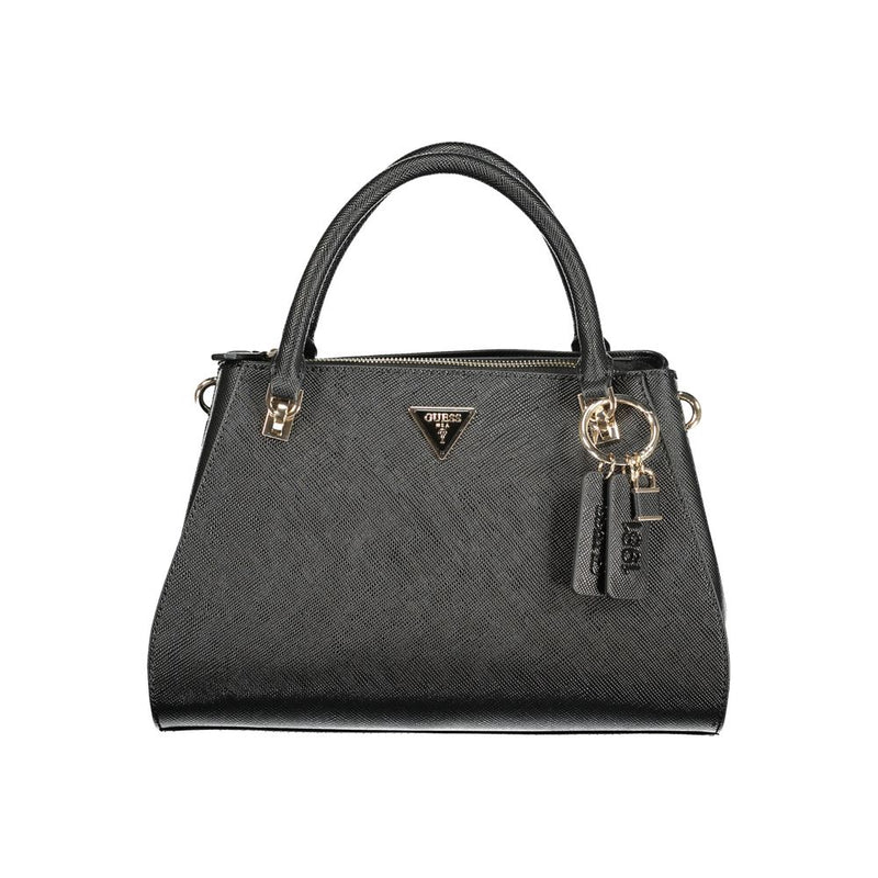 Black polyurethane structured handbag with twin top handles, gold hardware, and logo charm