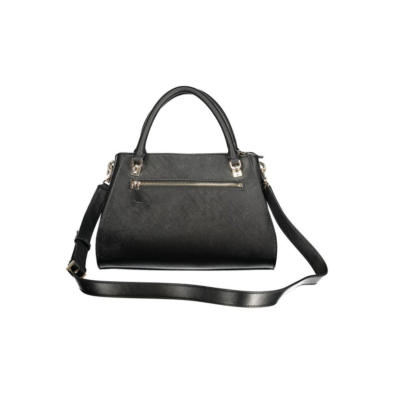 Black textured polyurethane women handbag with top handles and a shoulder strap