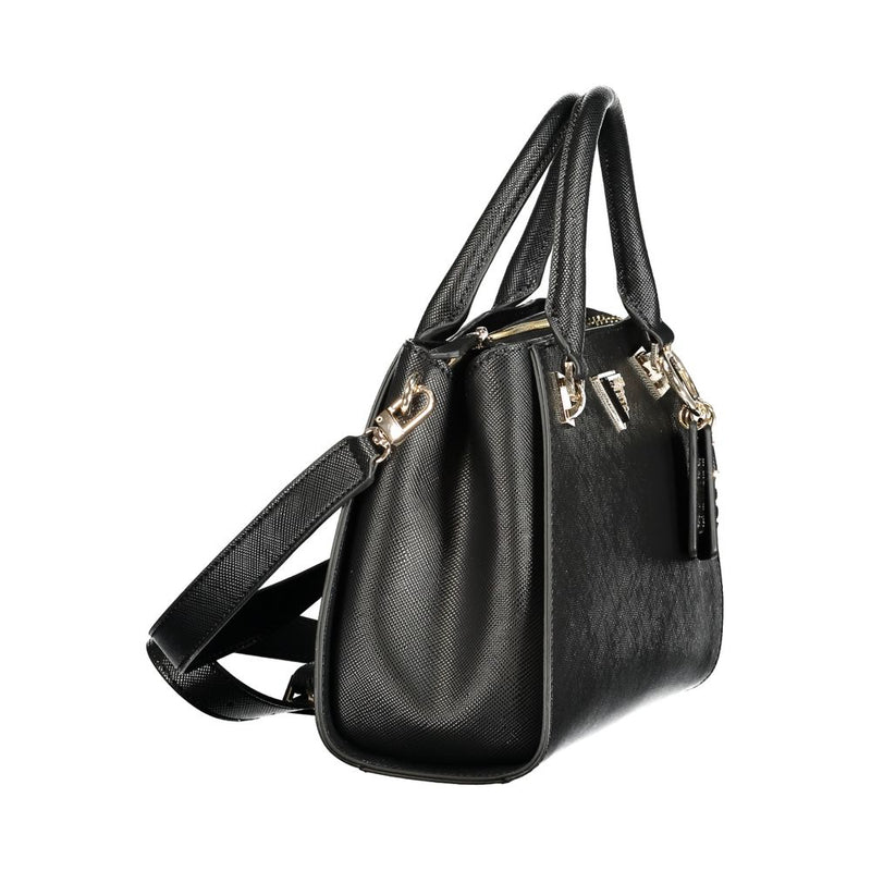 Black textured polyurethane women handbag with top handles and shoulder strap