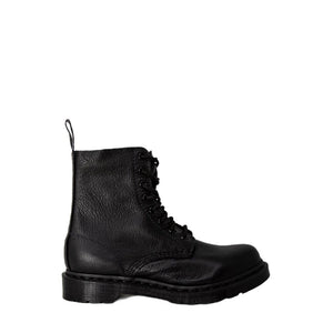 Black Dr. Martens ankle boots in pebbled leather with tonal laces, matching black sole, and rear pull tab.