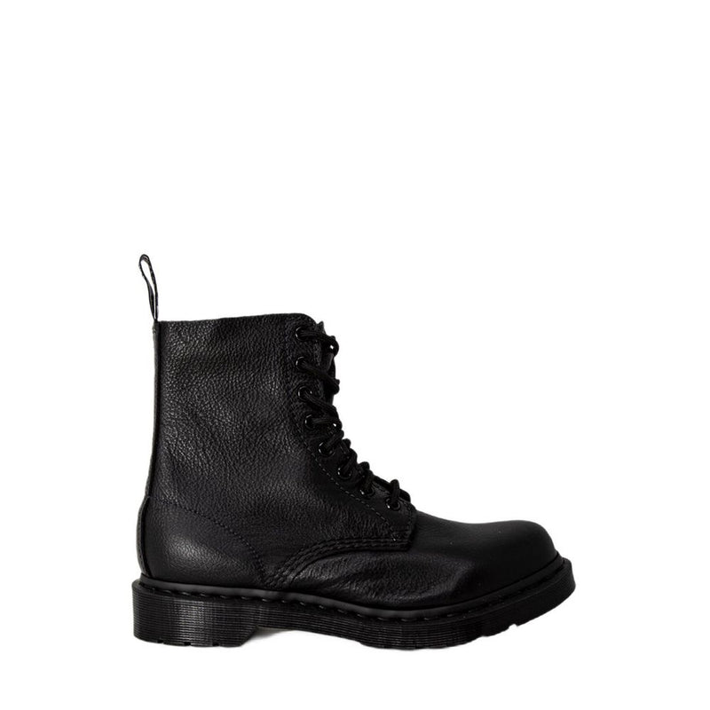 Black Dr. Martens ankle boots in pebbled leather with tonal laces, matching black sole, and rear pull tab.