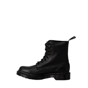 Dr. Martens black pebble-grain leather lace-up boot with matching black sole and heel pull tab.