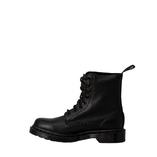 Dr. Martens black pebble-grain leather lace-up boot with matching black sole and heel pull tab.