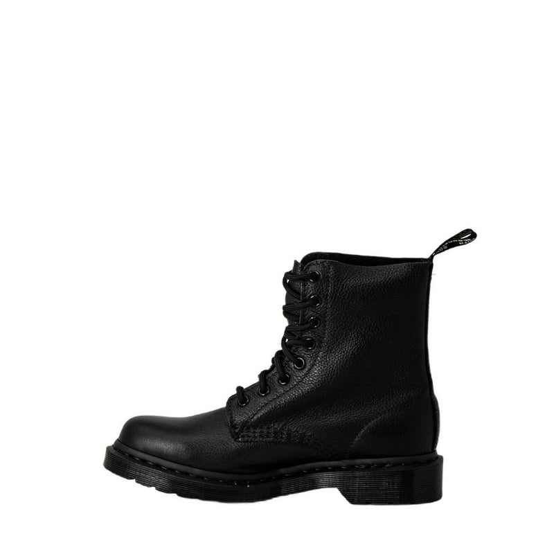 Dr. Martens black pebble-grain leather lace-up boot with matching black sole and heel pull tab.