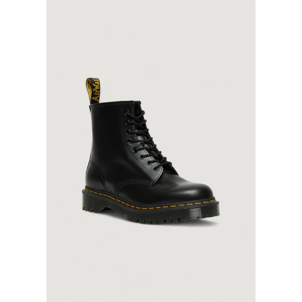 Black leather lace-up boot with yellow welt stitching, chunky rubber sole, and yellow heel loop.