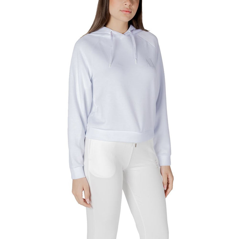 White viscose long-sleeve hoodie with a drawstring hood worn by a model