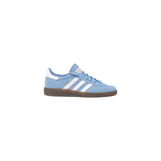 Light blue nubuck Adidas Originals Spezial sneaker with white serrated stripes, a heel tab, and a brown gum rubber sole.