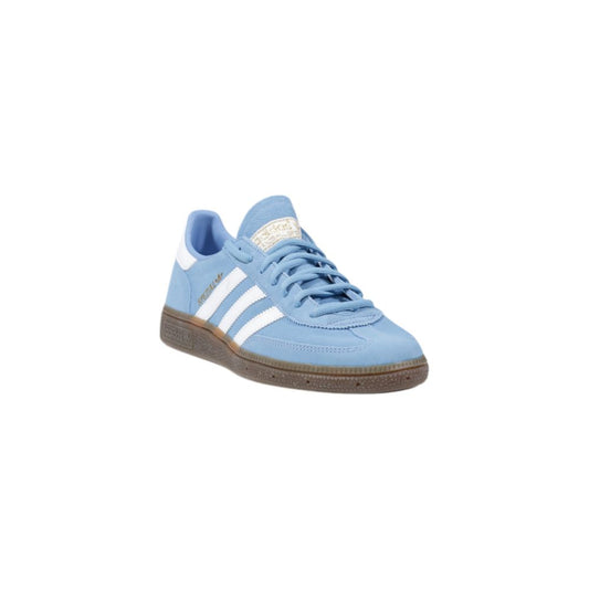 Adidas Originals light blue nubuck leather sneakers with white stripes and a brown gum rubber sole.