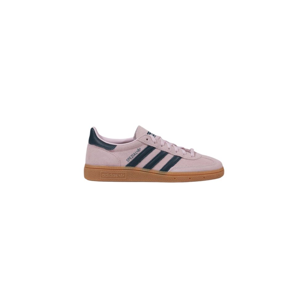 Adidas Originals Handball Spezial sneakers in dusty pink nubuck leather with dark navy stripes and a gum rubber sole.