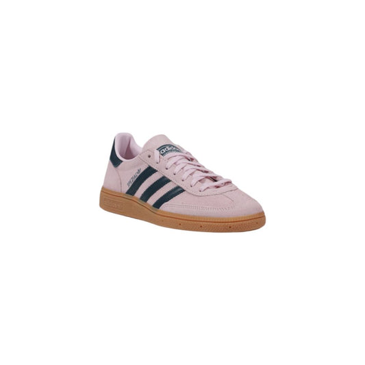Light pink nubuck leather Adidas Spezial sneaker with dark stripes and a gum rubber sole.