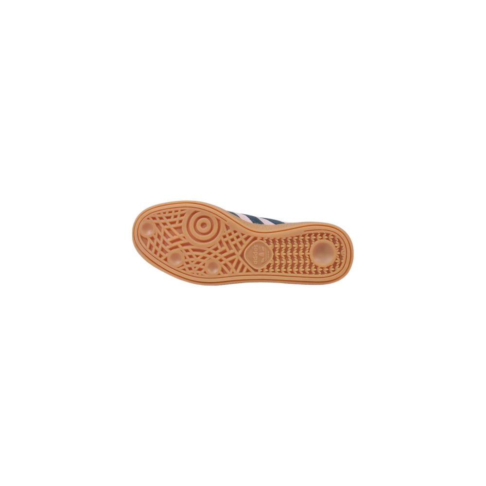 Bottom view of Adidas Originals multicolor nubuck leather sneaker with a textured brown gum rubber sole.