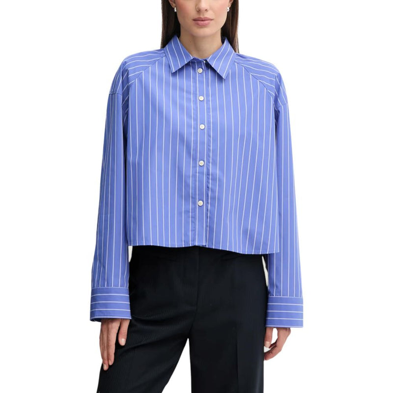 Blue and white striped cotton button-down blouse with long sleeves