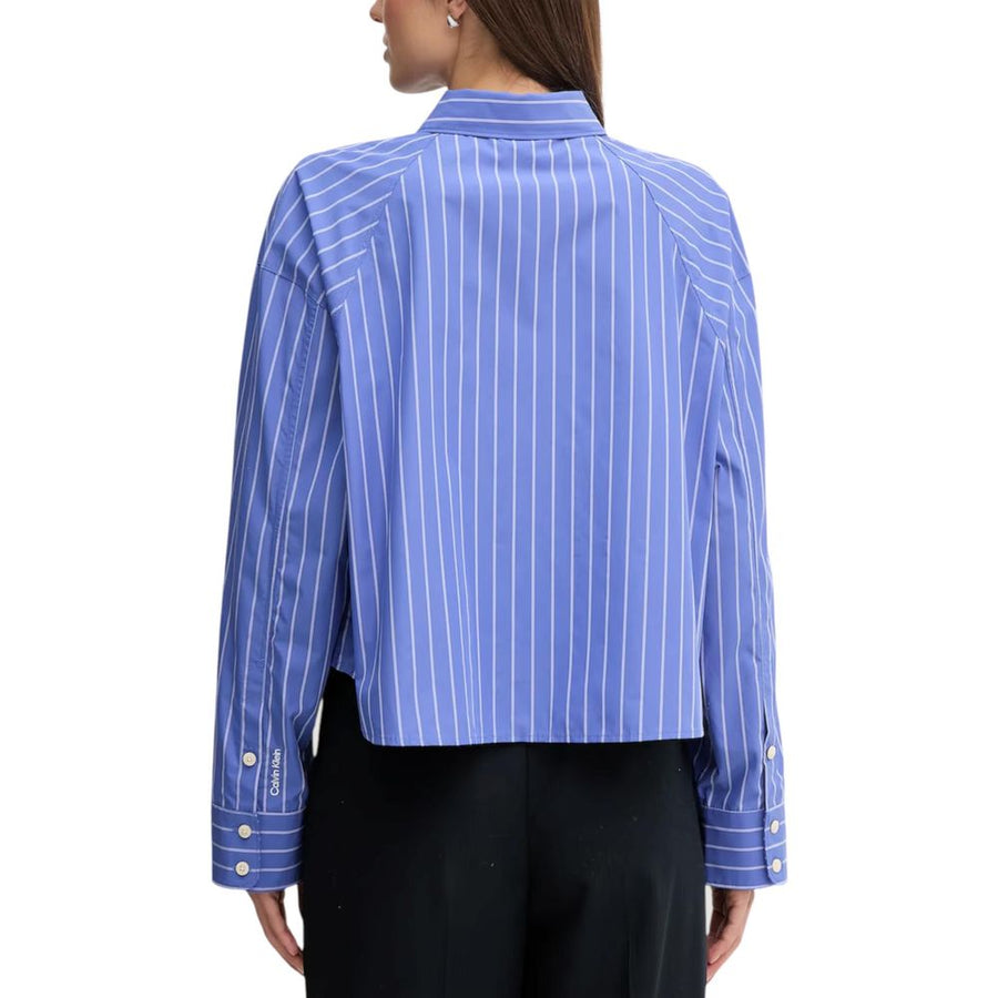 Blue and white striped cotton button-down blouse with long sleeves