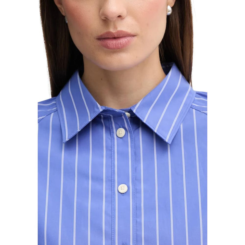 Blue and white striped cotton button-down blouse with a classic collar