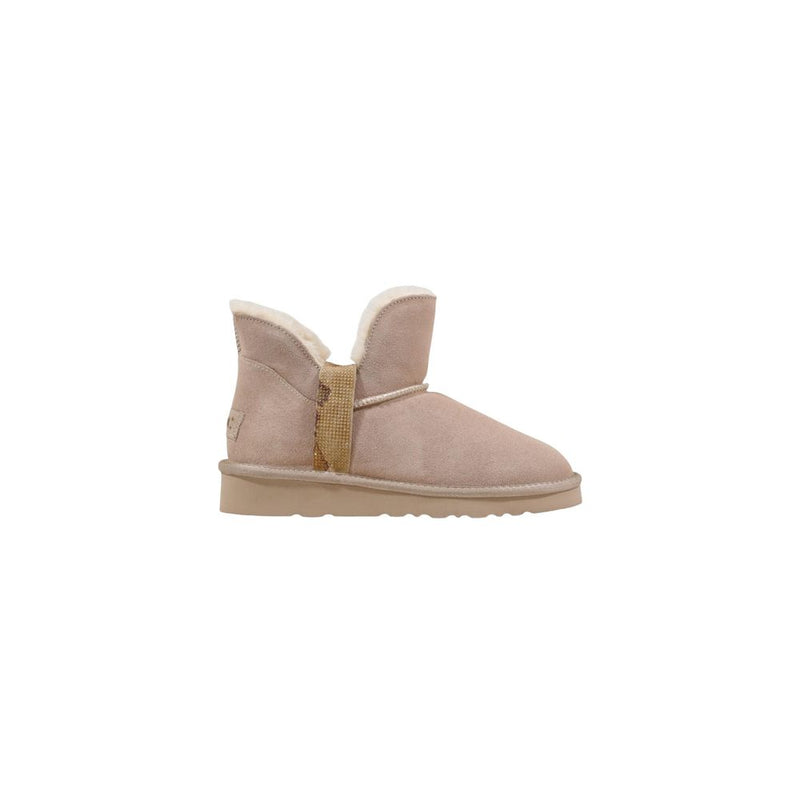 Alviero Martini beige suede ankle boots with faux fur lining and a Geo Map pattern side strap detail.