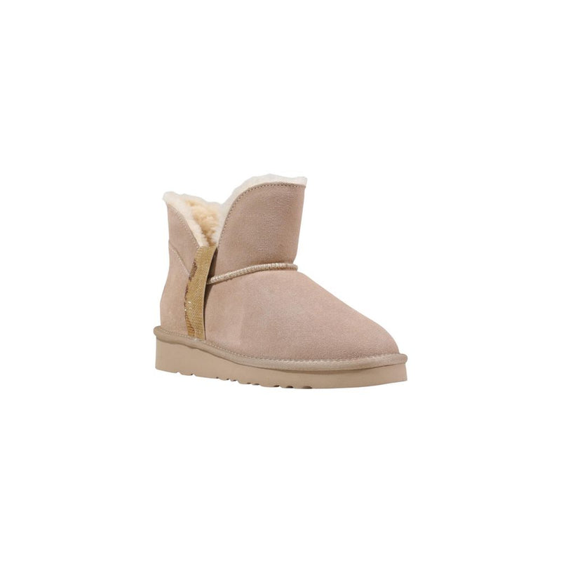 Alviero Martini beige suede ankle boot with shearling lining, flat sole, and signature patterned side trim.